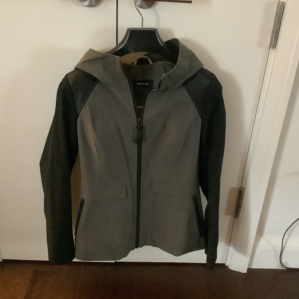 Mackage Zipper Hoodie Jacket Genuine Leather Shoulders, Color Block Khaki, Black